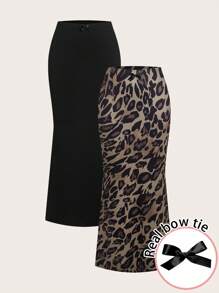 Slaydiva 两件套女士半身裙，饰有蝴蝶结和豹纹图案，夏季外出时尚服饰