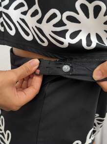 Momance 2件套孕妇V领纽扣提花背心开衫短裤套装 - 黑與白 - 查看 5