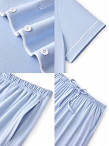 LUVLETTE Women's Plus-Size Breathable 100% Pure Cotton Blue Short-Sleeve Button-Up Top & Shorts Airy Loungewear Pajama Set Pants With Pockets