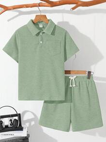 2 件套青少年男孩休闲宽松纯色翻领短袖 Polo 衫和短裤套装，适合通勤、上学、休闲场合、运动、春夏季 - 薄荷綠 - 查看 3
