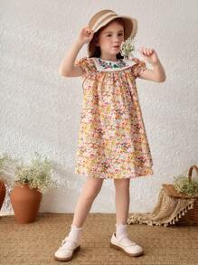 Blossori Vestido de cuello cuadrado con mangas abullonadas, con bloque de color y bordado floral para niñas en vacaciones en el campo - Multicolor - Ver 4