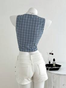 Elamini 女式夏季格纹单排扣短背心