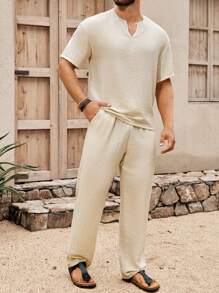 Genlund Conjunto de top de manga corta con cuello en V y pantalones de unicolor minimalista de uso diario para hombres, conjunto de pantalones de lino para hombres, conjunto de ropa de lino para hombres - Albaricoque - Ver 6