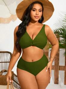 Swim Lushoire Plus Size Women Plain Color Twist Knot Sexy Bikini Swimsuit Set, Summer Beach