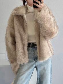 FRIFUL 女士人造毛皮长袖拉链夹克，温暖冬季外套人造毛皮大衣皮草夹克 Y2k 夹克女士冬季外套 - 卡其色 - 查看 6