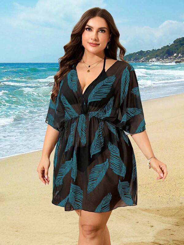 Swim Lushoire Plus Size Women Leaf Print Batwing Sleeve Dress, Vacation Wear Plus Size Beach Dress