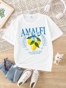 Camiseta básica de manga corta con estampado de letra en forma de limón, decorada con lema casual, rama y lazo para niñas