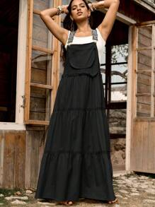 Váy ren chắp vá có dây đeo điều chỉnh cho nữ - màu đen - Xem 3