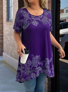 EMERY ROSE Fashionable Versatile Short Sleeve Round Neck Asymmetrical Hem Stretchy T-Shirt - Purple - View 5
