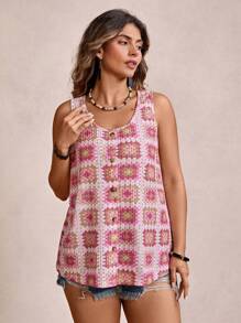 Freevana Plus Size Contrast Color Grandma Plaid Pattern Round Neck Sleeveless Single-Breasted Casual Summer Tank Top Summer - Multicolor - View 5
