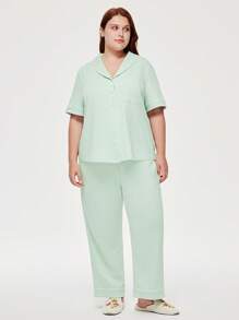 LUVLETTE Bộ đồ ngủ mùa hè dành cho nữ cỡ lớn, thoáng khí, 100% cotton nguyên chất, màu xanh lá cây, gồm áo ngắn tay cài cúc và quần dài, có túi. - màu xanh lá - Xem 6