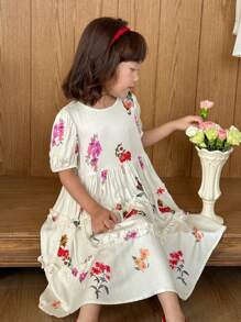 SHEIN Little Byeori 年轻女孩彩色花卉荷叶边下摆泡泡袖公主风连衣裙，韩版/日系时尚 - 彩色 - 查看 6