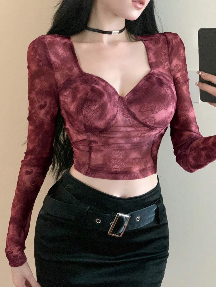 DAZY 扎染甜心领修身长袖上衣情人节、返校服装 - 紅色 - 查看 1