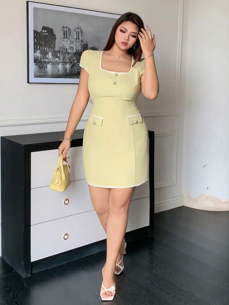 Dazy Plus Plus Size Women Square Neck Color Block Short Sleeve Straight Hem Mini Dress