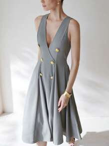 Aveloria Modichic Double Breasted Fold Pleated Detail Dress - Light Grey - View 1
