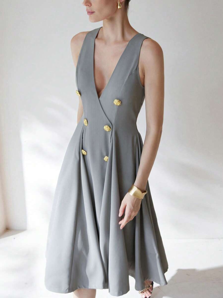 Aveloria Modichic Double Breasted Fold Pleated Detail Dress - Light Grey - View 1