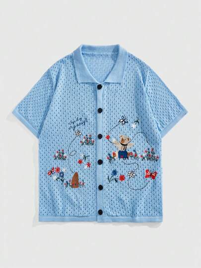 Men's Street Life Vintage Fashionable Polo Collar Bear Embroidered Knit Sweater