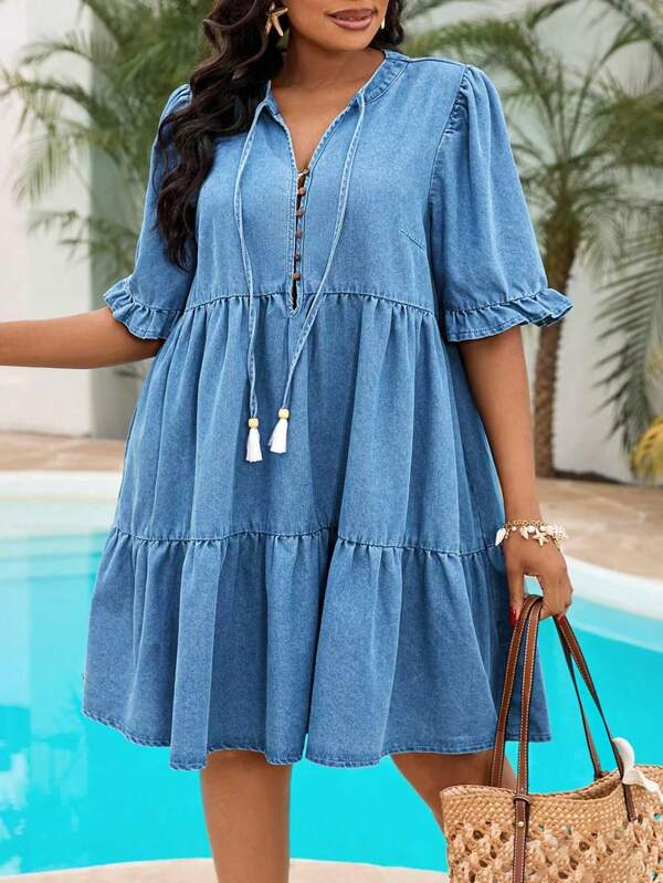 Slaydiva Plus Size Women's Blue Tie Collar Ruffle Hem Loose Denim Casual Dress Summer, Vacation Outfits Woman, Easter, Spring, Western, Office Outfits For Women, Rave Outfits, Baby Shower Dress, Cottagecore Vacation Dress Boho Dress Women Western Dresses For Women Tea Party Dress Tropical Dress