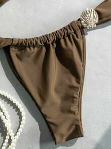 SHEIN Swim Springbreak 女士纯色抹胸贝壳装饰丁字裤比基尼套装，适合海滩度假 - 棕色 - 查看 4