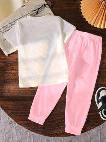 Young Girl Casual Minimalist Pattern Short Sleeve Round Neck T-Shirt With Pants, Summer Outfit Cute Sets For Girls Set Outfit For Girls Girl Clothes Set - Multicolor - View 2