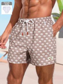 Manfinity Swimmode Men's Coconut Tree Print Drawstring Waist Beach Shorts, Summer - Khaki - View 1