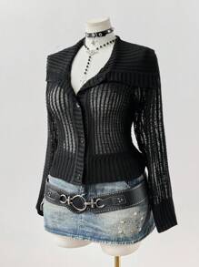 Sunspun Áo khoác len cardigan dệt kim màu đen phong cách Y2K cổ điển dành cho nữ cỡ lớn, phong cách đường phố/phong cách cổ điển mùa thu đông dành cho nữ, dành cho nữ - màu đen - Xem 6