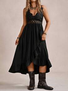 Freevana Plus Size Vacation Casual Lace Splicing Ruffles Hem Cami Dress,Beach Dress Sundress,Holiday Outfits Boho - Black - View 3