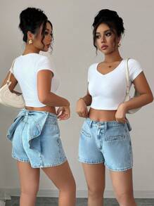 Elenzga Women's Elegant Bow Decor Pale Blue Woven Wide Leg Denim Shorts, Spring/Summer - Light Wash - View 1