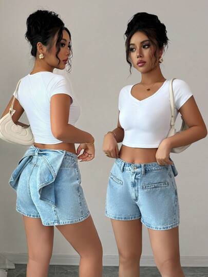 Elenzga 女士优雅蝴蝶结装饰淡蓝色梭织阔腿牛仔短裤，春夏