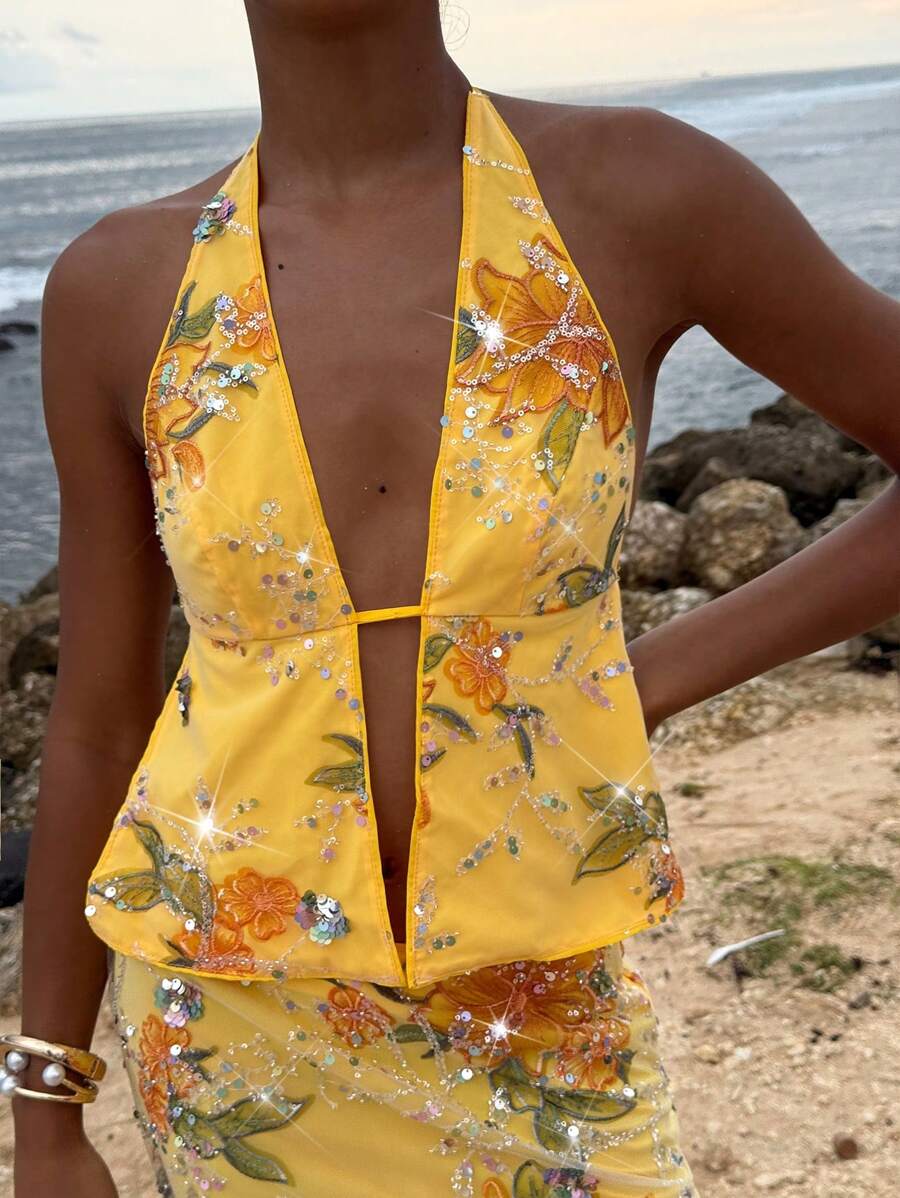 Opulessa 夏季海滩度假闪亮亮片黄色生日派对优雅毕业女士度假花卉刺绣露背吊带上衣,乡村音乐会,俱乐部女士性感 - 黑與白 - 查看 1