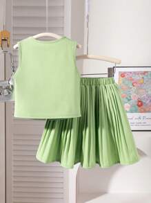 SHEIN 2pcs Young GirlFashion Commute Sleeveless Tank Top & Pleated Skirt Set, 3D Rose Decor, Suitable For Party & Daily Wear - Green - View 2