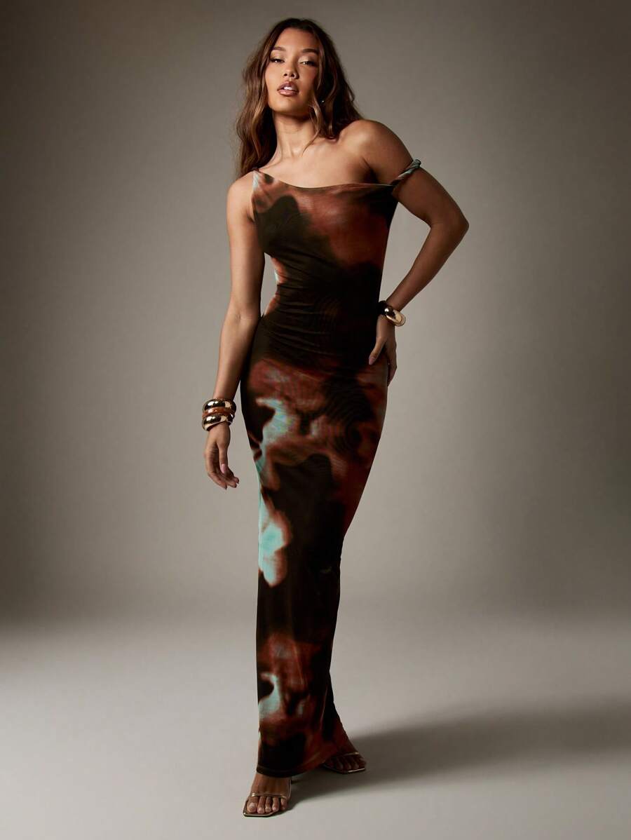 MISSGUIDED Tie Dye Mesh Maxi Dress One Shoulder Body Contour Evening Gown Fall Winter Holiday Party Gala Special Occasion