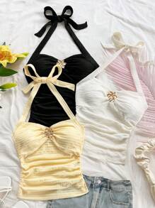 Soleia 3 件套女士无袖 V 领花朵金属扣针织工字背心，白色、黑色、黄色，适合度假、音乐节、波西米亚风、节日、约会下午茶 - 彩色 - 查看 6