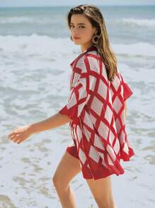 Maija Women's Red And White Color Block Square Pattern Summer Casual Beach Dress,Loose Front Tie Knot V-Neck Batwing Sleeve Boho Vacation Holiday Autumn - Red and White - View 1