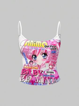 Anime Top tipo camiseta sin mangas para mujer con estampado de eslogan de personaje de dibujos animados, color rosa/blanco