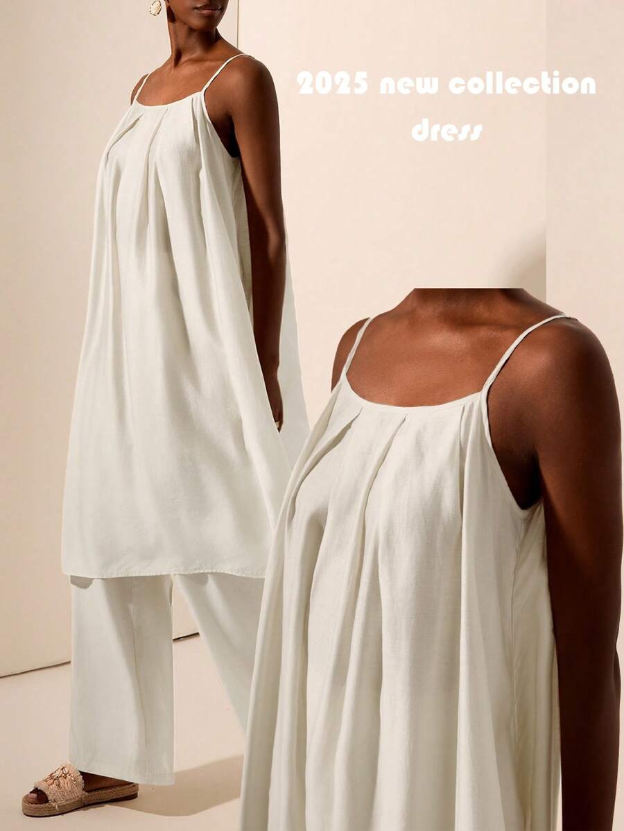 Zivah Off-White 夏季優雅度假風亞麻 A 字中長洋裝,無袖飄逸度假風,適合音樂祭、婚禮賓客、波希米亞休閒街頭穿搭 - 杏色 - 查看 1