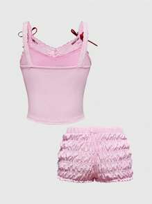 ROMWE Kawaii 2 件樱桃印花蕾丝吊带背心和荷叶边超短裤套装，适合年轻女性的休闲风格