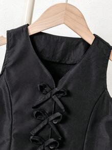 Set casual 2 buc pentru fete: vestă cu imprimeu halter și fustă plisată, potrivită pentru vară, naveta și timpul liber - Negru - Vizualizare 6