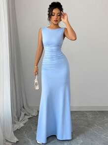 Selianne 女士优雅长款无袖圆领 A 字形连衣裙，斜腰褶饰细节，蓝色针织面料，春夏 - 藍色 - 查看 3