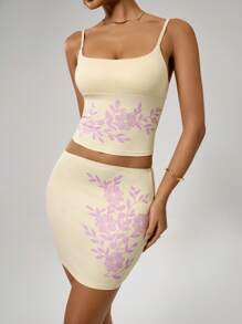 SHEIN SXY 2pcs/Set Women Floral Print Crop Camisole Top And Form-Fitting Mini Skirt Sexy Butter Yellow Set, Club Outfit