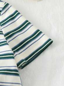 Playful Pals 2 件套幼儿男童休闲条纹 T 恤和牛仔裤套装，适合春夏季外出和日常穿着 - 綠色 - 查看 4