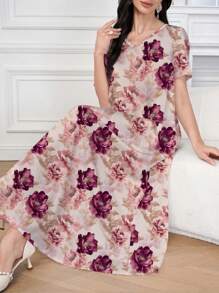 Al Najma 女式优雅花卉印花阿拉伯风格连衣裙 - 紅色 - 查看 3