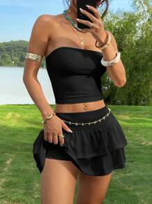 SHEIN EZwear 2 Stücke Damen Lässig Schwarz Set, geeignet für den Sommer - Schwarz - Übersicht 1