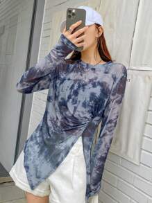 DAZY 扎染褶饰开衩下摆上衣，秋季长袖女式上衣