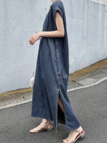 FRIFUL 女士休闲水洗无袖长款牛仔连衣裙 女装 女士夏季服装 工作夏季连衣裙 夏季服装 女士短款连衣裙 夏季返校服装 - 藍色 - 查看 4