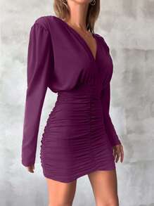 EURMUSE Solid Ruched Bodycon Dress - Burgundy - View 3