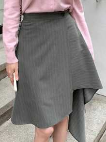 DAZY 1pc Women Striped Asymmetric Buttoned Asymmetrical Hem Skirt - Grey - View 6