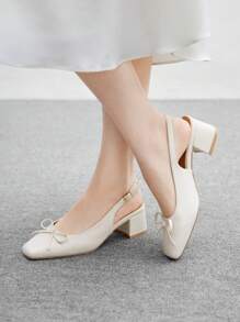 CUCCOO BIZCHIC Women's Fashion Beige Classic Bow Backstrap Flat Shoes, Suitable For Commuting, Dating, Party, Holiday, Casual Thick Heel Backstrap Flats