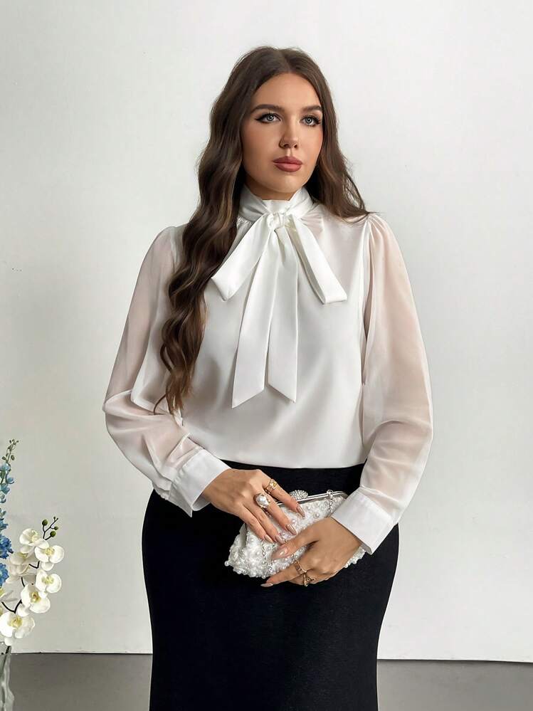 SHEIN Privé Plus Size Bowknot Long Sleeve Shirt, Elegant Commuter Basic Blouse, Suitable For Office Wear, Spring/Autumn - White - View 9