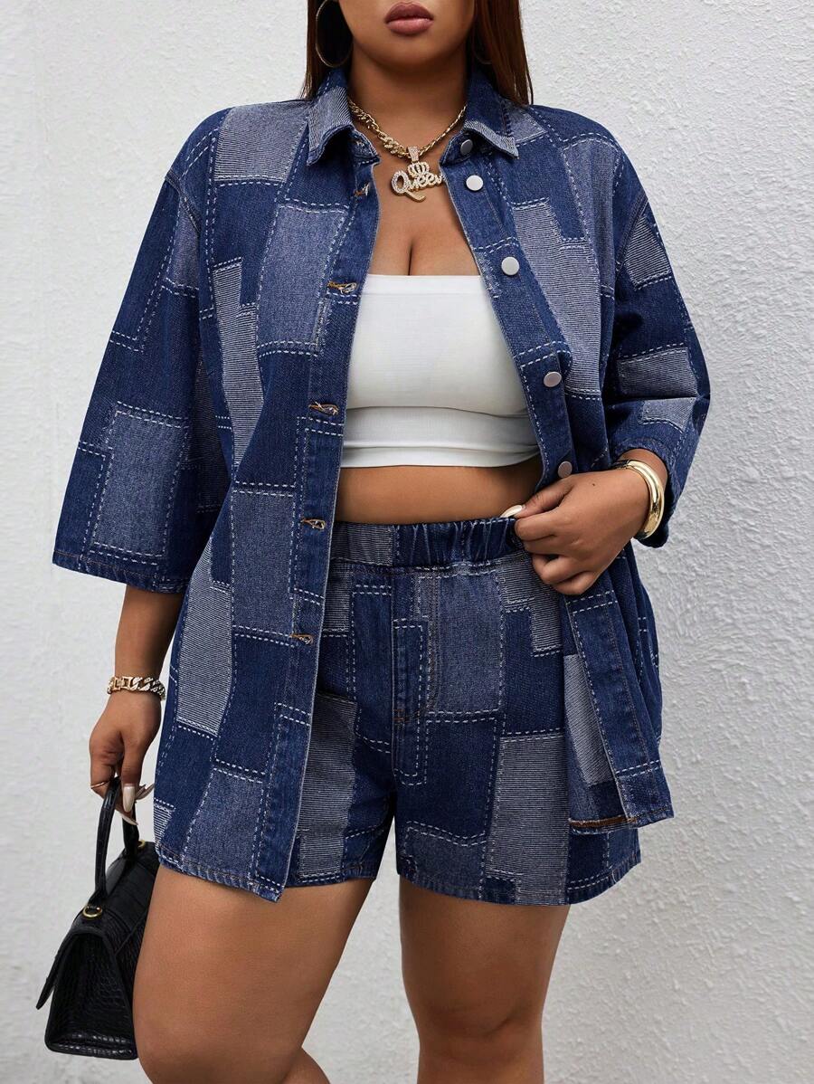 SHEIN SXY Plus Size Women Festival Denim Shorts, No Stretch, Unique Jacquard Weave, Sexy & Modest Autumn Clothes, Baggy Jeans